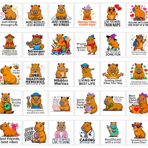 May include: A collection of square stickers featuring cartoon capybaras in various poses and activities. Each sticker has a unique design with text, including phrases like "Just Vibing," "More Noodles," and "Best Friends." The stickers are colorful and playful.