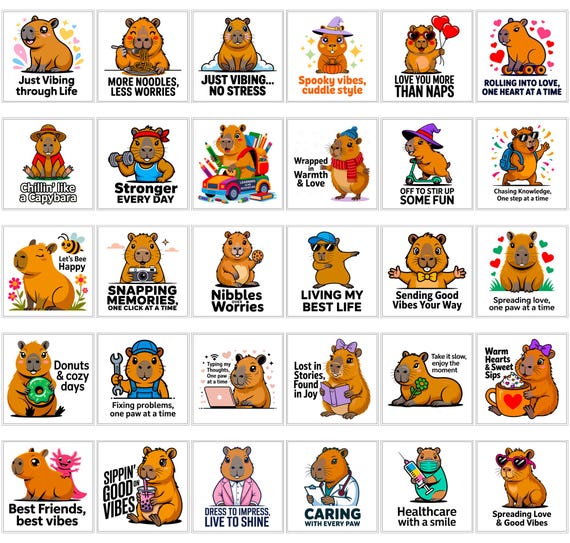 Kawaii Capybara PNG Bundle | Funny Animal Clipart for Cricut | Digital Stickers & Illustrations