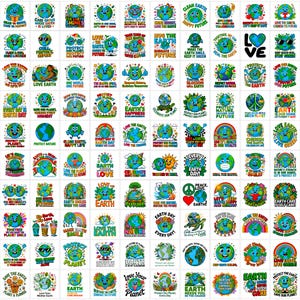 May include: A collection of colorful Earth Day stickers with various designs. Each sticker features a smiling Earth with messages like "Protect Our Planet," "Love Earth," and "Happy Earth Day." The stickers are in a square format.