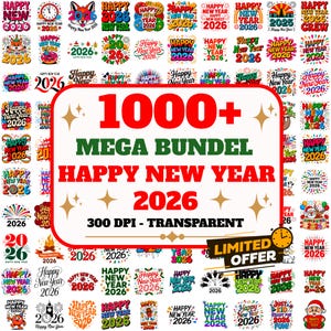 Megapaquete de más de 1000 imágenes prediseñadas navideñas para Año Nuevo 2026 / Pack de imágenes prediseñadas / 14x14" 300 DPI / PNG transparente