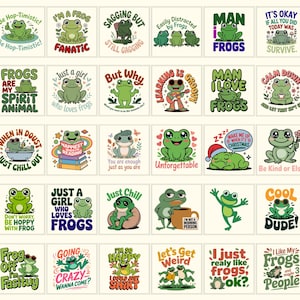 Può includere: Una collezione di adesivi quadrati con rane dei cartoni animati in varie pose e con frasi diverse. Gli adesivi sono in tonalità di verde, con testo come "I'm a frog fanatic" e "Cool Dude!"