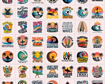 May include: A collection of surfing-themed graphic designs. Each design features elements like surfboards, waves, palm trees, and text such as "Surf's Up!" and "Summer Vibes." The color palette includes blues, oranges, and yellows.