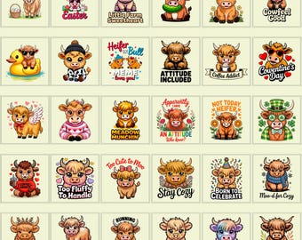 Highland Cow Clipart Collection | Girly Bow Illustration | Coffee Lover Humor | Funny Quote Design
