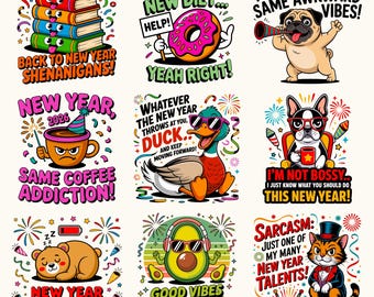 Animal New Year SVG Bundle | 9 PNG Designs | Funny Quotes Clipart | Digital Download