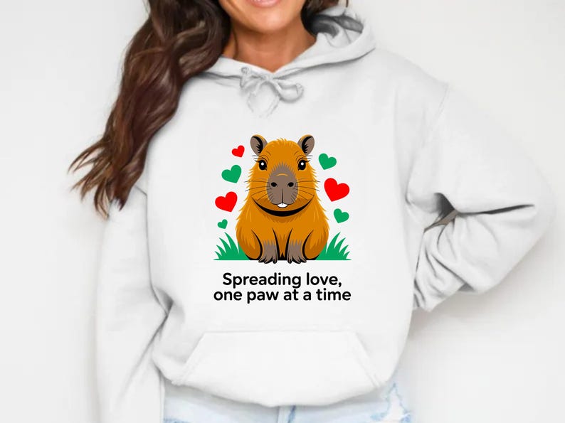May include: White hoodie featuring a cartoon capybara with a smiling face, surrounded by red and green hearts. The text "Spreading love, one paw at a time" is printed below the capybara. The hoodie has a front pocket and a drawstring hood.
