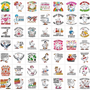 May include: A collection of square stickers featuring cartoon geese in various poses and with humorous phrases. Designs include geese on scooters, with hearts, and wearing hats. The stickers are colorful and playful.