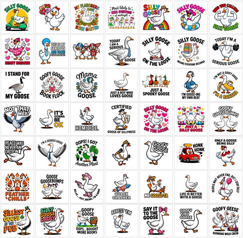 May include: A collection of square stickers featuring cartoon geese in various poses and with humorous phrases. Designs include geese on scooters, with hearts, and wearing hats. The stickers are colorful and playful.