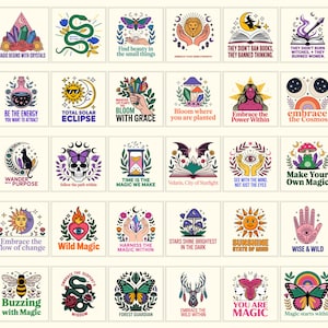 May include: A collection of square art prints with mystical and spiritual themes. Each print features colorful illustrations of crystals, butterflies, snakes, and other symbolic imagery, along with inspirational text. The prints are designed with a vintage aesthetic.