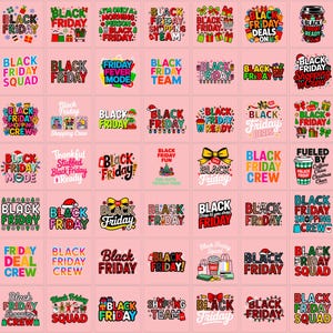 May include: A grid of Black Friday themed designs on a pink backdrop. The graphics include phrases like "Black Friday," "Deals," and "Shopping Crew," alongside festive elements such as gift boxes and bows.