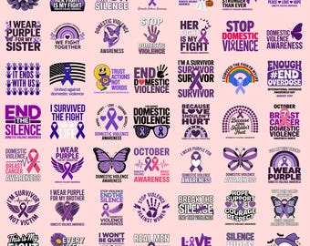 Domestic Violence Awareness PNG Bundle | We Wear Purple Graphics | Ribbon Clipart | Survivor Strength Quotes