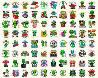 Paquete de más de 100 imágenes PNG de extraterrestres, imágenes prediseñadas divertidas de ovnis, sublimación de humor espacial y citas sarcásticas.