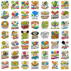 May include: A collection of forty-two colorful stickers featuring pickleball paddles, balls, and various motivational phrases like All I Can Think About Is The Game, Smash The Fun, Paddle On, and Pickleball Vibes Only in a vibrant graphic art style.