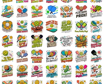 May include: A collection of forty-two colourful stickers featuring pickleball paddles, balls, and various motivational phrases like All I Can Think About Is The Game, Smash The Fun, Paddle On, and Pickleball Vibes Only in a vibrant graphic art style.