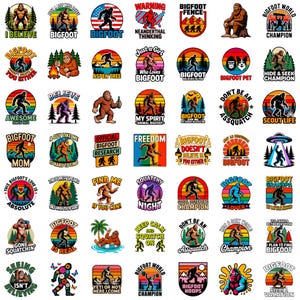 May include: A collection of Bigfoot-themed stickers with various designs. The stickers feature Bigfoot illustrations in different settings, along with text such as "I Believe," "Bigfoot Mom," and "Squatchy Night." The color palette includes vibrant oranges, blues, and greens.