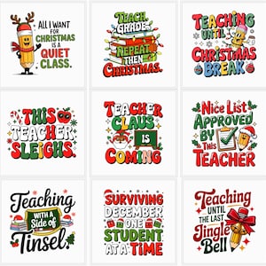 Paquete gráfico para el aula de vacaciones / Frases escolares con gorros de Papá Noel / Ilustraciones para la enseñanza festiva / Descarga digital