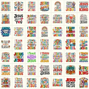 Op de afbeelding: Een raster van achtenveertig vierkante grafische ontwerpen met kleurrijke typografie en illustraties met religieuze thema's. De ontwerpen bevatten zinnen zoals I Teach Tiny Humans About Jesus, Jesus Is King en Jesus Loves You, versierd met regenbogen, harten, bloemen en kruisen.