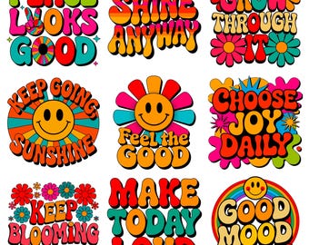 Positive Thinking PNG SVG Bundle | Retro Groovy Typography | Motivational Sublimation Design | T Shirt Graphic