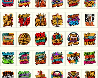 90s Hip Hop PNG Bundle | Retro Party Designs, Neon Vintage Graphics & Cassette Clipart