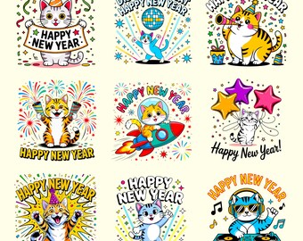 New Year Cat PNG Bundle | holiday clipart | funny animal quotes | t shirt designs