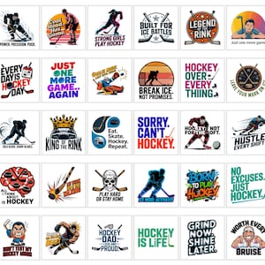 May include: Collection of hockey-themed graphic designs. Each design features text and illustrations related to hockey, including phrases like "Power, Precision, Puck," "Hockey Over Everything," and "Born to Play Hockey."