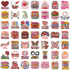 Könnte beinhalten: Eine Sammlung farbenfroher Aufkleber mit verschiedenen Designs und Texten zum Muttertag. Die Aufkleber zeigen Herzen, Blumen und Sätze wie "Mama, du bist mein sicherer Ort" und "Liebe wächst mit Mama".