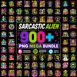 Pode incluir: Uma coleção digital de mais de 900 designs gráficos com tema alienígena, apresentando personagens verdes em várias poses, elementos espaciais coloridos e texto humorístico, apresentados como um pacote de arquivos PNG com fundos transparentes.