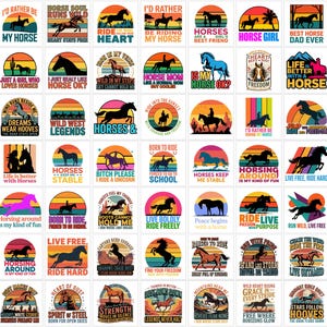 Puede incluir: Una colección de diseños gráficos coloridos con temática de caballos en pegatinas. Cada diseño presenta una silueta de caballo con texto como "I'd Rather Be My Horse" y "Wild West Legends".