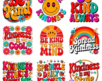 Kolekcja SVG PNG „Bądź miły” | Inspirujące cytaty | Kolorowy styl Flower Power | Zdrowie psychiczne