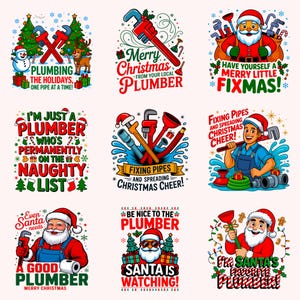 Grappige loodgieter kerst PNG-bundel | Ontwerpen van T-shirts voor de feestdagen | Sanitaircadeau | Bouwvakker
