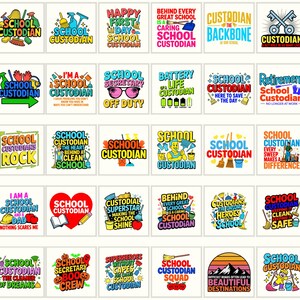Puede incluir: Colección de diseños cuadrados coloridos con texto relacionado con los conserjes escolares. Los diseños incluyen frases como "School Custodian", "Happy First Day" y "Custodial Superstar". Las imágenes presentan útiles de limpieza y gráficos temáticos escolares.