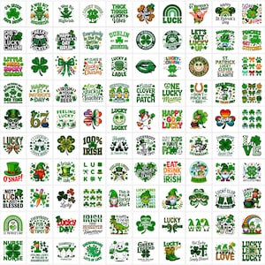 May include: A collection of St. Patrick's Day themed stickers with various designs. The stickers feature shamrocks, leprechauns, and phrases like "Lucky," "Irish," and "Happy St. Patrick's Day." The color palette is primarily green and white.