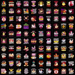 Puede incluir: Una colección de diseños cuadrados negros con pollos de dibujos animados y frases humorísticas como "Crazy Chicken Lady" y "Cluckin' Fabulous". Los diseños son de colores vibrantes.