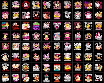 Pacchetto PNG Crazy Chicken Lady / Design di animali da fattoria / Clipart umoristico per adulti / Maglietta per amanti del pollame