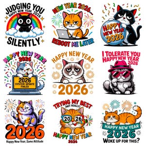 Sarcastic Cat New Year 2026 Bundle | Funny Grumpy Cat PNG SVG | 300 DPI Sublimation