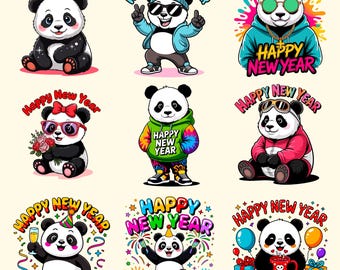 Happy New Year Panda PNG Bundle | Digital Download | Printable Sublimation Clipart