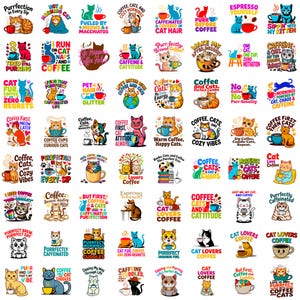 May include: A sheet of colourful stickers with cat and coffee-themed designs. Phrases include "Purr-fectly Caffeinated" and "Coffee, Cats, and Chaos." Measurements are not applicable.