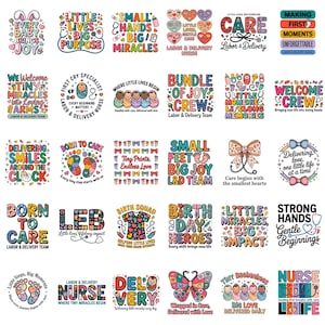 Könnte beinhalten: Eine Sammlung farbenfroher, skurriler Designs mit Texten zum Thema Geburtshilfe. Die Designs enthalten Sätze wie "Bundle of Joy Crew", "Small Hands Big Miracles" und "Birth Squad" mit Illustrationen von Babys, Herzen und Stethoskopen.