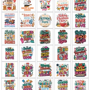 May include: A collection of thirty square graphic designs featuring colorful illustrations of kitchen tools, food items, and humorous typography related to cooking, baking, and kitchen life, arranged in a grid on a white background.