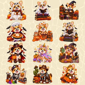 May include: A collection of twelve illustrations featuring Corgi dogs in various Halloween costumes, including ghosts, witches, vampires, and skeletons, surrounded by pumpkins, books, candles, and autumn leaves, rendered in a colorful cartoon style.