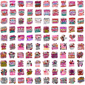 May include: A collection of colorful makeup-themed stickers with various text designs. The stickers feature lipstick, brushes, and palettes, with phrases like "Makeup is my therapy" and "Beauty begins the moment you decide to be yourself."