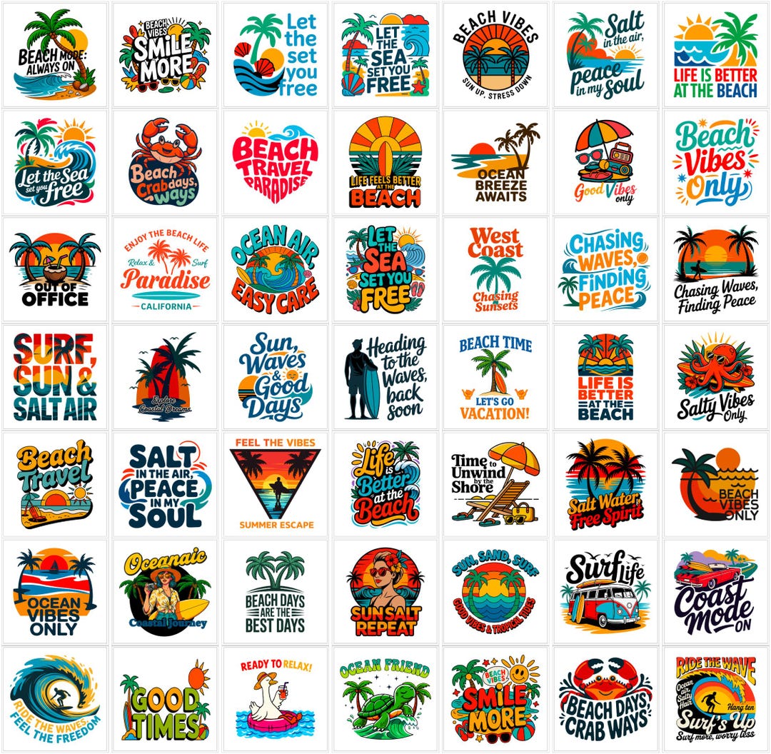 50+ Summer Vibes PNG Bundle | Beach Vacation Graphics, Retro Tropical ...