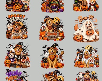 May include: A collection of twelve Halloween-themed digital illustrations featuring various dog breeds like golden retrievers, dachshunds, and corgis wearing witch hats and costumes, surrounded by pumpkins, ghosts, bats, and text like Spooky Season.