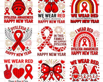 Dyslexia Awareness New Year SVG Bundle | Red Ribbon Clipart | 300 DPI Sublimation