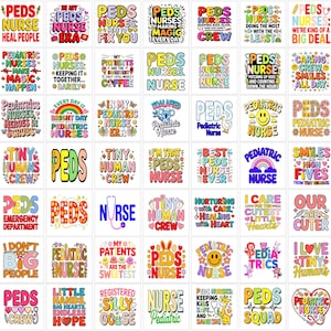 May include: A selection of colourful square designs with text related to paediatric nursing. The designs feature phrases like "Peds Nurse," "Tiny Human Crew," and "Paediatric Nurse." The colour palette includes pink, yellow, blue, and green.