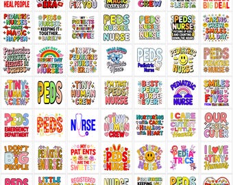 50+ Pediatric Nurse PNG Set | Retro Groovy Floral Peds Crew Graphic | Kids Care Design