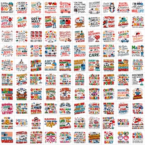 May include: A collection of colorful, rectangular stickers with various postal-themed designs. Each sticker features text and illustrations related to mail delivery, postal workers, and spreading joy through letters and packages.