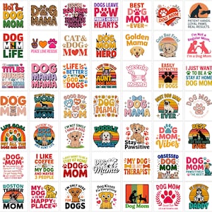 Może przedstawiać: Kolekcja grafik z motywem psów na białym tle. Projekty zawierają frazy takie jak "Dog Mom", "Best Dog Ever" i "Doodle Mama", a także ilustracje psów i odciski łap. Projekty wykorzystują różne czcionki i kolory.