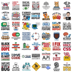 Könnte beinhalten: Sammlung farbenfroher Grafikdesigns mit Texten zum Thema Computerprogrammierung und Softwareentwicklung. Enthält Sätze wie "Future Video Game Designer", "I Love Code" und "Debug Mode". Designs mit verschiedenen Symbolen und Illustrationen.