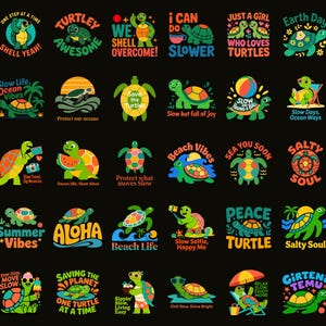 Op de afbeelding: Een verzameling kleurrijke schildpad-thema graphics op een zwarte achtergrond. Elk ontwerp toont een schildpad met tekst, waaronder zinnen als "Shell Yeah!", "Beach Vibes" en "Salty Soul". Ideaal voor stickers of kleding.
