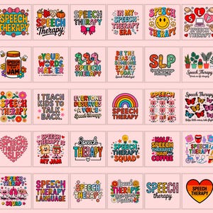 Op de afbeelding: Een verzameling vierkante ontwerpen met de woorden "Speech Therapy" in verschillende lettertypen en stijlen. Sommige ontwerpen bevatten extra tekst zoals "Your Words Matter" en afbeeldingen zoals een regenboog, vlinders en een smiley.